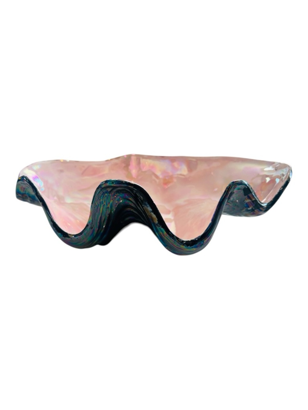 Iridescent Art Glass Bowl Pink Ruffled Edge Murano Style Centerpiece 9”